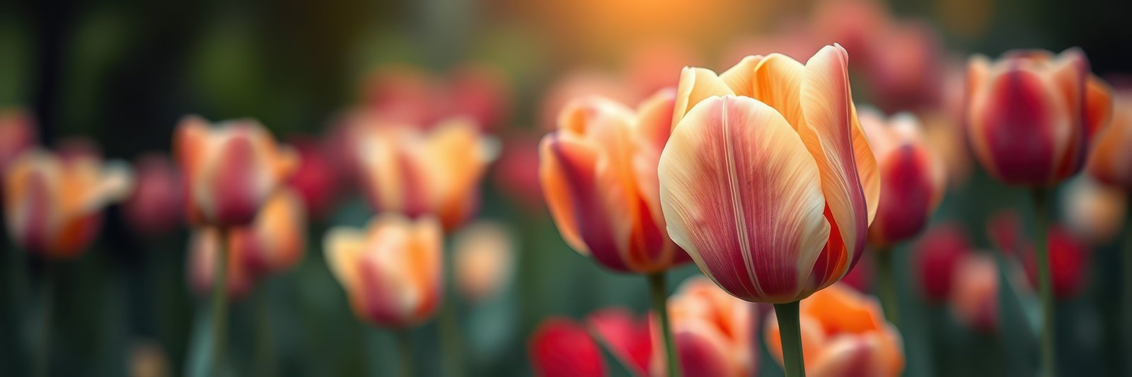 Colorful tulips blossom in a vibrant garden during sunset, creating a stunning display of nature's beauty and tranquility